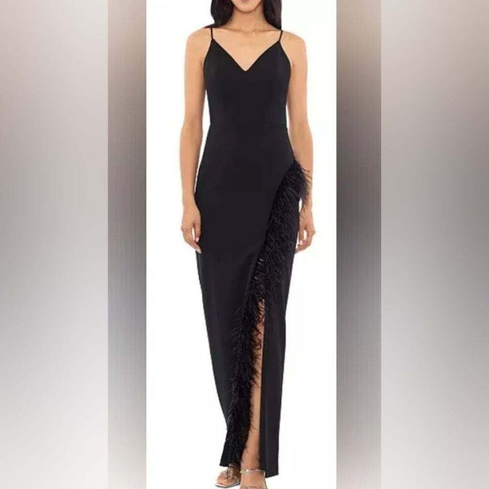 XSCAPE V-Neck Feather-Trimmed High-Slit Gown NWT